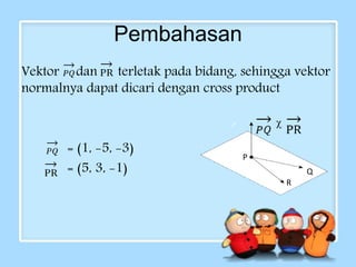 Pembahasan 
Vektor dan terletak pada bidang, sehingga vektor 
normalnya dapat dicari dengan cross product 
= (1, -5, -3) 
= (5, 3, -1) 
R 
Q 
P 
 
