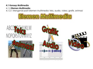 4.1 Konsep Multimedia
4.1.5 Elemen Multimedia
4.1.5.1 Mengenal pasti elemen multimedia: teks, audio, video, grafik, animasi

 