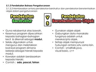 5.1.3 Pendekatan Bahasa Pengaturcaraan
5.1.3.3 Membezakan antara pendekatan berstruktur dan pendekatan berorientasikan
objek dalam pengaturcaraan

• Guna rekabentuk atas bawah.
• Kesemua program dipecahkan
kepada bahagian-bahagian
kecil & dikenali sebagai modul.
• Selalu digunakan untuk
mengurus dan meletakkan
kod-kod program dimana
bekerja sebagai hieraki kepada
modul.
• Kawalan adalah berdasarkan
kepada hieraki.
• Contoh : ada, pascal, fotran

• Gunakan objek-objek
• Gabungkan data manakala
fungsinya adalah untuk
merekacipta objek.
• Setiap objek mempunyai
hubungan antara satu sama lain.
• Contoh : smalltalk,java,
visual basic, c++

 