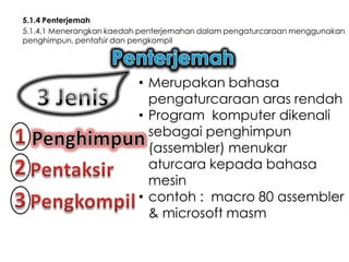 5.1.4 Penterjemah
5.1.4.1 Menerangkan kaedah penterjemahan dalam pengaturcaraan menggunakan
penghimpun, pentafsir dan pengkompil

• Merupakan bahasa
pengaturcaraan aras rendah
• Program komputer dikenali
sebagai penghimpun
(assembler) menukar
aturcara kepada bahasa
mesin
• contoh : macro 80 assembler
& microsoft masm

 