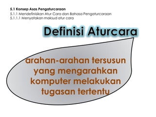 5.1 Konsep Asas Pengaturcaraan
5.1.1 Mendefinisikan Atur Cara dan Bahasa Pengaturcaraan
5.1.1.1 Menyatakan maksud atur cara

arahan-arahan tersusun
yang mengarahkan
komputer melakukan
tugasan tertentu

 