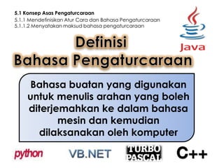 5.1 Konsep Asas Pengaturcaraan
5.1.1 Mendefinisikan Atur Cara dan Bahasa Pengaturcaraan
5.1.1.2 Menyatakan maksud bahasa pengaturcaraan

Bahasa buatan yang digunakan
untuk menulis arahan yang boleh
diterjemahkan ke dalam bahasa
mesin dan kemudian
dilaksanakan oleh komputer

 