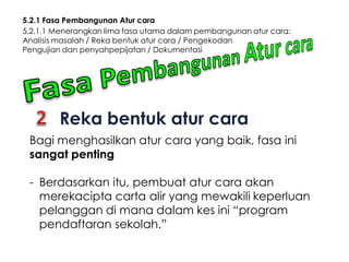 5.2.1 Fasa Pembangunan Atur cara
5.2.1.1 Menerangkan lima fasa utama dalam pembangunan atur cara:
Analisis masalah / Reka bentuk atur cara / Pengekodan
Pengujian dan penyahpepijatan / Dokumentasi

Reka bentuk atur cara
Bagi menghasilkan atur cara yang baik, fasa ini
sangat penting

- Berdasarkan itu, pembuat atur cara akan
merekacipta carta alir yang mewakili keperluan
pelanggan di mana dalam kes ini “program
pendaftaran sekolah.”

 