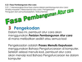5.2.1 Fasa Pembangunan Atur cara
5.2.1.1 Menerangkan lima fasa utama dalam pembangunan atur cara:
Analisis masalah / Reka bentuk atur cara / Pengekodan
Pengujian dan penyahpepijatan / Dokumentasi

Pengekodan

Dalam fasa Ini, pembuat atur cara akan
menggunakan Perisian Pembangunan Atur cara
di mana melibatkan sedikit atau semua kod
Pengekoadan adalah Proses Menulis Keputusan
menggunakan Bahasa Pengaturcaraan di komputer.
Setelah selesai menulis kod, pembuat atur cara
akan menaip kod Bahasa Pengaturcaraan ke dalam
komputer

 