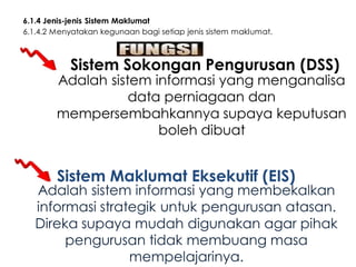 6.1.4 Jenis-jenis Sistem Maklumat
6.1.4.2 Menyatakan kegunaan bagi setiap jenis sistem maklumat.

Sistem Sokongan Pengurusan (DSS)

Adalah sistem informasi yang menganalisa
data perniagaan dan
mempersembahkannya supaya keputusan
boleh dibuat

Sistem Maklumat Eksekutif (EIS)

Adalah sistem informasi yang membekalkan
informasi strategik untuk pengurusan atasan.
Direka supaya mudah digunakan agar pihak
pengurusan tidak membuang masa
mempelajarinya.

 