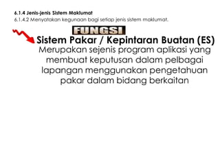 6.1.4 Jenis-jenis Sistem Maklumat
6.1.4.2 Menyatakan kegunaan bagi setiap jenis sistem maklumat.

Sistem Pakar / Kepintaran Buatan (ES)
Merupakan sejenis program aplikasi yang
membuat keputusan dalam pelbagai
lapangan menggunakan pengetahuan
pakar dalam bidang berkaitan

 