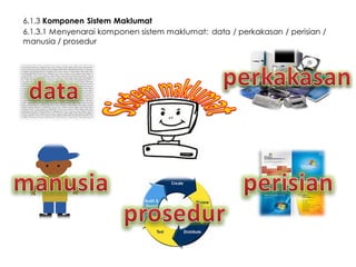 6.1.3 Komponen Sistem Maklumat
6.1.3.1 Menyenarai komponen sistem maklumat: data / perkakasan / perisian /
manusia / prosedur

 