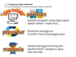 6.1.3 Komponen Sistem Maklumat
6.1.3.2 Mendefinisikan setiap komponen sistem maklumat

Adalah program yang digunakan
dalam sistem maklumat...

Panduan pengguna.
Contoh: manual penggunaan

Adalah pengguna komputer
seperti kerani, pengurus, guru
dan lain-lain.

 