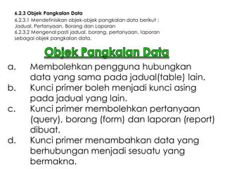 6.2.3 Objek Pangkalan Data
6.2.3.1 Mendefinisikan objek-objek pangkalan data berikut :
Jadual, Pertanyaan, Borang dan Laporan
6.2.3.2 Mengenal pasti jadual, borang, pertanyaan, laporan
sebagai objek pangkalan data.

a.
b.
c.
d.

Membolehkan pengguna hubungkan
data yang sama pada jadual(table) lain.
Kunci primer boleh menjadi kunci asing
pada jadual yang lain.
Kunci primer membolehkan pertanyaan
(query), borang (form) dan laporan (report)
dibuat.
Kunci primer menambahkan data yang
berhubungan menjadi sesuatu yang
bermakna.

 