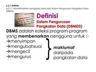 6.2.1 Definisi
6.2.1.1 Mendefinisikan pangkalan data dan Sistem Pengurusan Pangkalan Data
(DBMS)

DBMS adalah koleksi program-program
yang membenarkan pengguna untuk :menyimpan
mengubahsuai
maklumat
mengecil
daripada
mengurus
pangkalan data

 