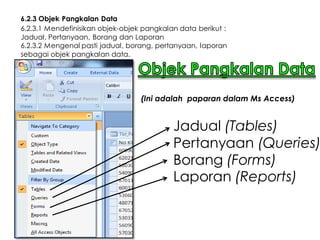 6.2.3 Objek Pangkalan Data
6.2.3.1 Mendefinisikan objek-objek pangkalan data berikut :
Jadual, Pertanyaan, Borang dan Laporan
6.2.3.2 Mengenal pasti jadual, borang, pertanyaan, laporan
sebagai objek pangkalan data.

(Ini adalah paparan dalam Ms Access)

Jadual (Tables)
Pertanyaan (Queries)
Borang (Forms)
Laporan (Reports)

 