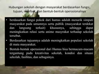 Hubungan sekolah dengan masyarakat berdasarkan fungsi,
tujuan, manfaat, dan bentuk-bentuk operasionalnya
• berdasarkan fungsi pokok dari humas adalah menarik simpati
masyarakat pada umumnya serta publik (masyarakat terdekat
dan langsung terkait) khususnya, sehingga dapat
meningkatkan relasi serta animo masyrakat terhadap sekolah
tersebut.
• Berdasarkan tujuannya adalah meningkatkan populasi sekolah
di mata masyarakat.
• Bentuk-bentuk operasional dari Humas bisa bermacam-macam
tergantung pada kreativitas sekolah, kondisi dan situasi
sekolah, fasilitas, dan sebagainya.
 