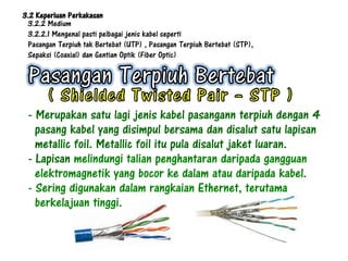 3.2 Keperluan Perkakasan
 3.2.2 Medium
 3.2.2.1 Mengenal pasti pelbagai jenis kabel seperti
 Pasangan Terpiuh tak Bertebat (UTP) , Pasangan Terpiuh Bertebat (STP),
 Sepaksi (Coaxial) dan Gentian Optik (Fiber Optic)




 - Merupakan satu lagi jenis kabel pasangann terpiuh dengan 4
   pasang kabel yang disimpul bersama dan disalut satu lapisan
   metallic foil. Metallic foil itu pula disalut jaket luaran.
 - Lapisan melindungi talian penghantaran daripada gangguan
   elektromagnetik yang bocor ke dalam atau daripada kabel.
 - Sering digunakan dalam rangkaian Ethernet, terutama
   berkelajuan tinggi.
 