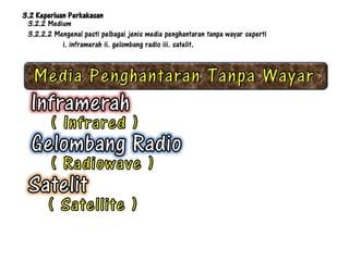 3.2 Keperluan Perkakasan
 3.2.2 Medium
 3.2.2.2 Mengenal pasti pelbagai jenis media penghantaran tanpa wayar seperti
            i. inframerah ii. gelombang radio iii. satelit.
 