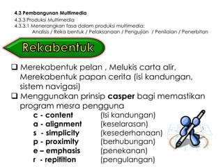 4.3 Pembangunan Multimedia
4.3.3 Produksi Multimedia
4.3.3.1 Menerangkan fasa dalam produksi multimedia:
        Analisis / Reka bentuk / Pelaksanaan / Pengujian / Penilaian / Penerbitan




 Merekabentuk pelan , Melukis carta alir,
  Merekabentuk papan cerita (isi kandungan,
  sistem navigasi)
 Menggunakan prinsip casper bagi memastikan
  program mesra pengguna
       c - content                 (Isi kandungan)
       a - alignment               (keselarasan)
       s - simplicity              (kesederhanaan)
       p - proximity               (berhubungan)
       e – emphasis                (penekanan)
       r - repitition              (pengulangan)
 