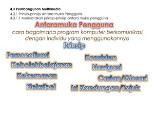 4.3 Pembangunan Multimedia
4.3.1 Prinsip-prinsip Antara muka Pengguna
4.3.1.1 Menyatakan prinsip-prinsip antara muka pengguna



 cara bagaimana program komputer berkomunikasi
      dengan individu yang menggunakannya
 