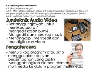 4.3 Pembangunan Multimedia
4.3.2 Pasukan Pembangun
4.3.2.1 Menyatakan peranan setiap ahli di dalam pasukan pembangun (contoh:
pengurus projek, pakar rujuk isi kandungan, pereka bentuk pengajaran, pereka
grafik, juruteknik audio-video dan pengaturcara)



- Bertanggungjawab untuk
  merekod suara /
  mengedit kesan bunyi
- Mengedit dan merekod muzik
- Menangkap , mengedit dan
  mendigitalkan video

- Menulis kod program atau skrip
  menggunakan perisian
  persembahan yang dipilih
- Menggabungkan elemen-elemen
  multimedia ke dalam program multimedia
 
