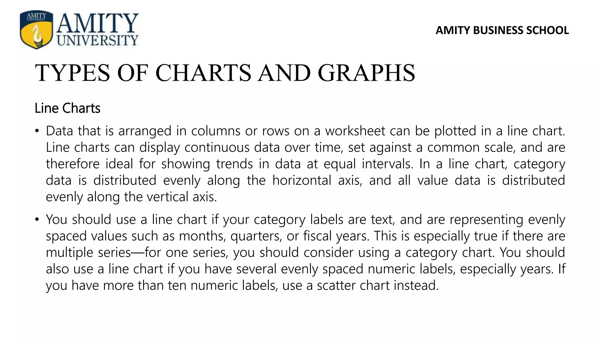 AMITY BUSINESS SCHOOL
Line Charts
• Data that is arranged in columns or rows on a worksheet can be plotted in a line chart.
Line charts can display continuous data over time, set against a common scale, and are
therefore ideal for showing trends in data at equal intervals. In a line chart, category
data is distributed evenly along the horizontal axis, and all value data is distributed
evenly along the vertical axis.
• You should use a line chart if your category labels are text, and are representing evenly
spaced values such as months, quarters, or fiscal years. This is especially true if there are
multiple series—for one series, you should consider using a category chart. You should
also use a line chart if you have several evenly spaced numeric labels, especially years. If
you have more than ten numeric labels, use a scatter chart instead.
TYPES OF CHARTS AND GRAPHS
 