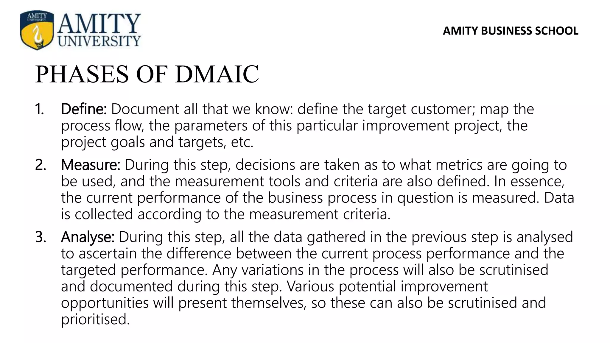 AMITY BUSINESS SCHOOL
1. Define: Document all that we know: define the target customer; map the
process flow, the parameters of this particular improvement project, the
project goals and targets, etc.
2. Measure: During this step, decisions are taken as to what metrics are going to
be used, and the measurement tools and criteria are also defined. In essence,
the current performance of the business process in question is measured. Data
is collected according to the measurement criteria.
3. Analyse: During this step, all the data gathered in the previous step is analysed
to ascertain the difference between the current process performance and the
targeted performance. Any variations in the process will also be scrutinised
and documented during this step. Various potential improvement
opportunities will present themselves, so these can also be scrutinised and
prioritised.
PHASES OF DMAIC
 