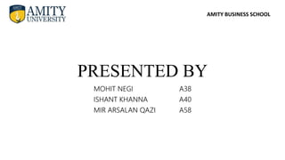 AMITY BUSINESS SCHOOL
PRESENTED BY
MOHIT NEGI A38
ISHANT KHANNA A40
MIR ARSALAN QAZI A58
 