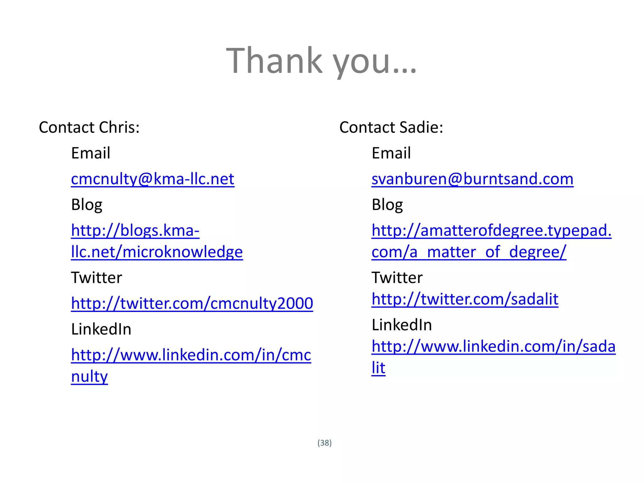 Thank you…
Contact Chris:                               Contact Sadie:
    Email                                        Email
    cmcnulty@kma-llc.net                         svanburen@burntsand.com
    Blog                                         Blog
    http://blogs.kma-                            http://amatterofdegree.typepad.
    llc.net/microknowledge                       com/a_matter_of_degree/
    Twitter                                      Twitter
    http://twitter.com/cmcnulty2000              http://twitter.com/sadalit
    LinkedIn                                     LinkedIn
    http://www.linkedin.com/in/cmc               http://www.linkedin.com/in/sada
    nulty                                        lit



                                      (38)
Twitter hashtag:
 