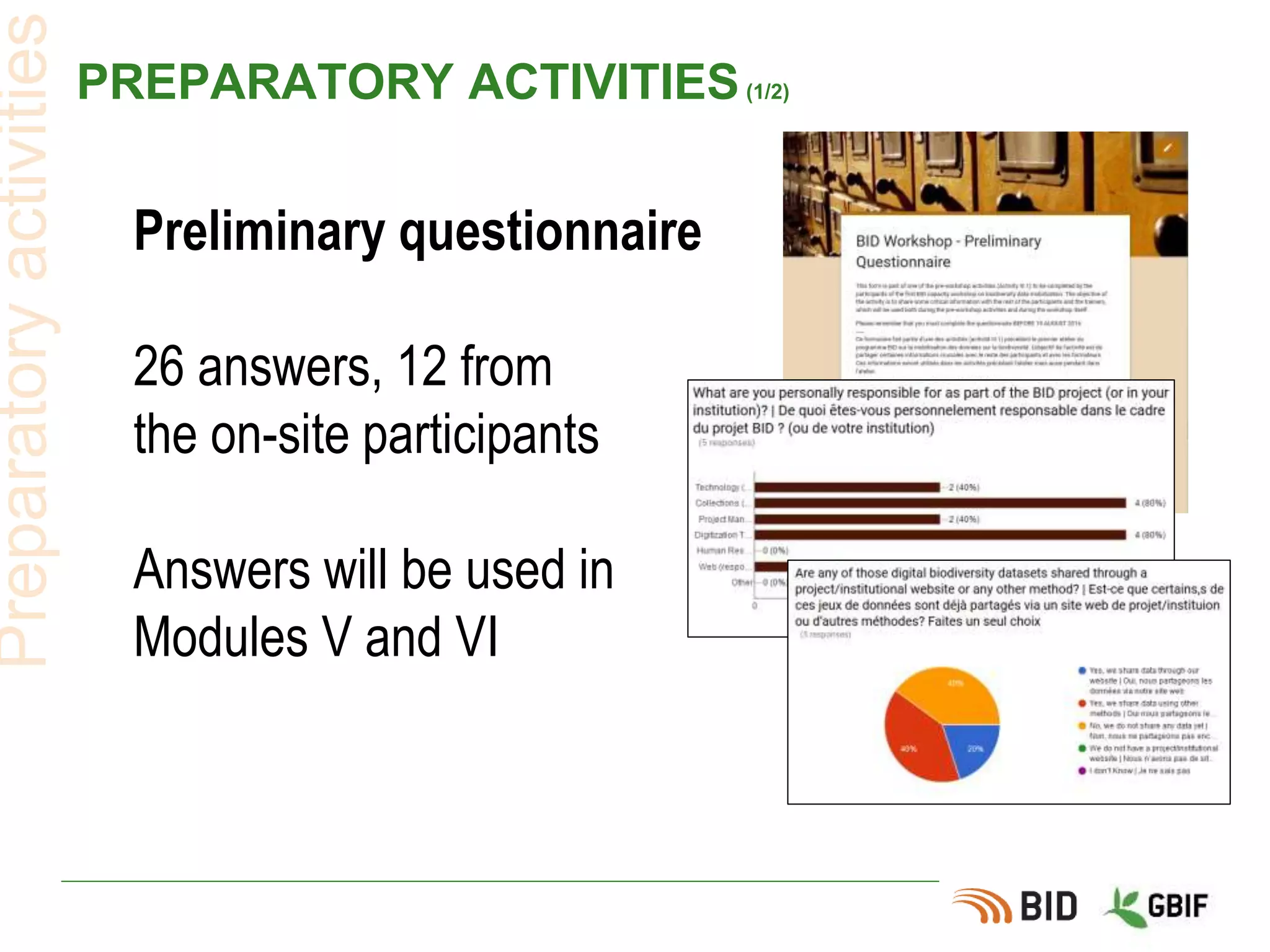 PREPARATORY ACTIVITIES(1/2)
Preliminary questionnaire
26 answers, 12 from
the on-site participants
Answers will be used in
Modules V and VI
Preparatoryactivities
 