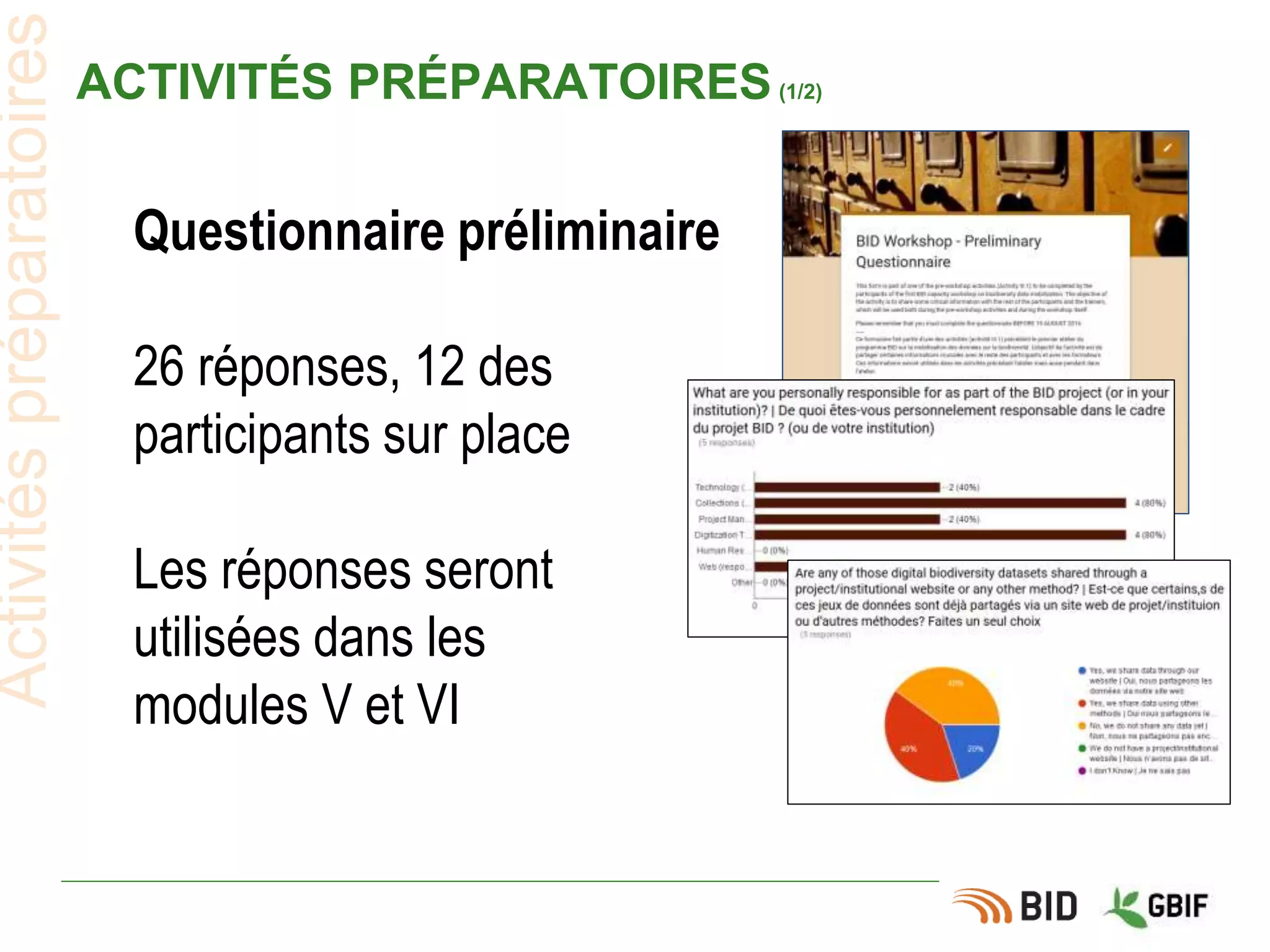 ACTIVITÉS PRÉPARATOIRES(1/2)
Questionnaire préliminaire
26 réponses, 12 des
participants sur place
Les réponses seront
utilisées dans les
modules V et VI
Activitéspréparatoires
 