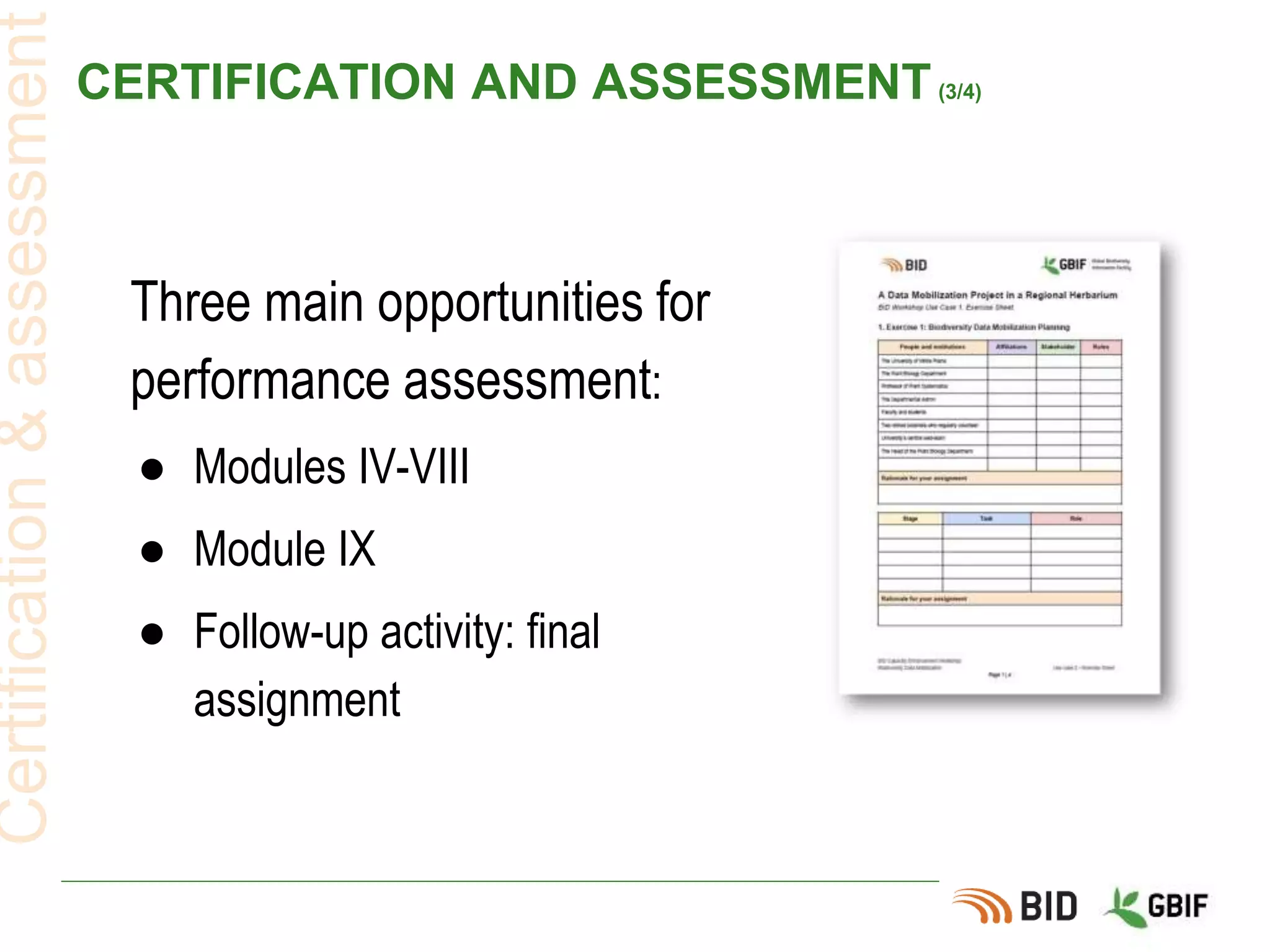CERTIFICATION AND ASSESSMENT(3/4)
Certification&assessment
Three main opportunities for
performance assessment:
● Modules IV-VIII
● Module IX
● Follow-up activity: final
assignment
 
