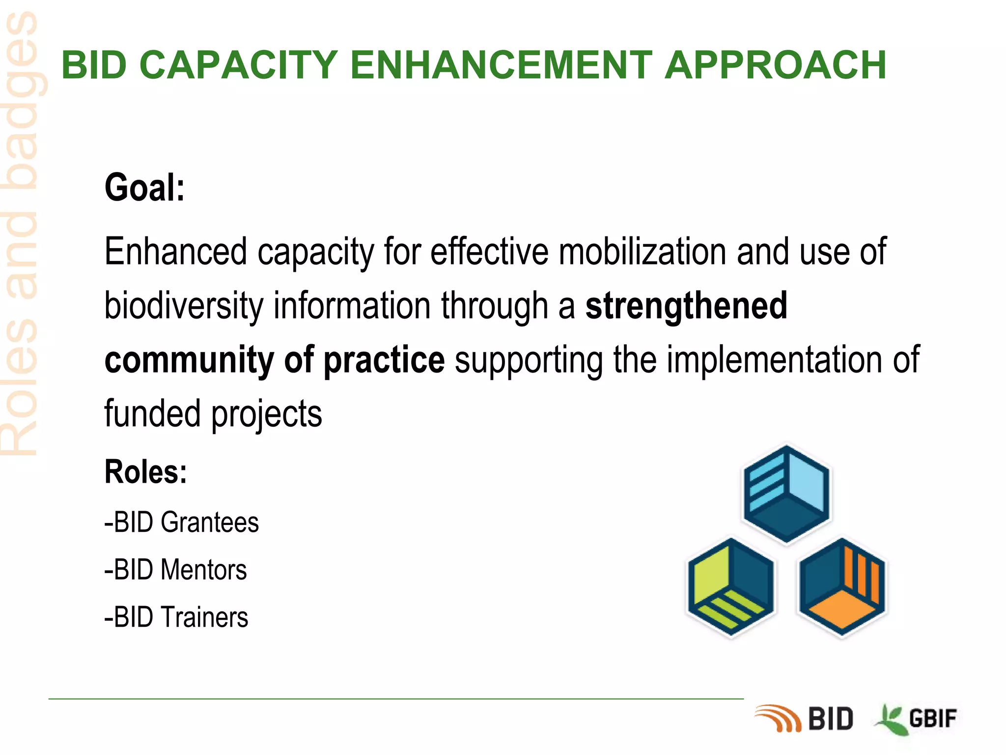 BID CAPACITY ENHANCEMENT APPROACH
Rolesandbadges
Goal:
Enhanced capacity for effective mobilization and use of
biodiversity information through a strengthened
community of practice supporting the implementation of
funded projects
Roles:
-BID Grantees
-BID Mentors
-BID Trainers
 