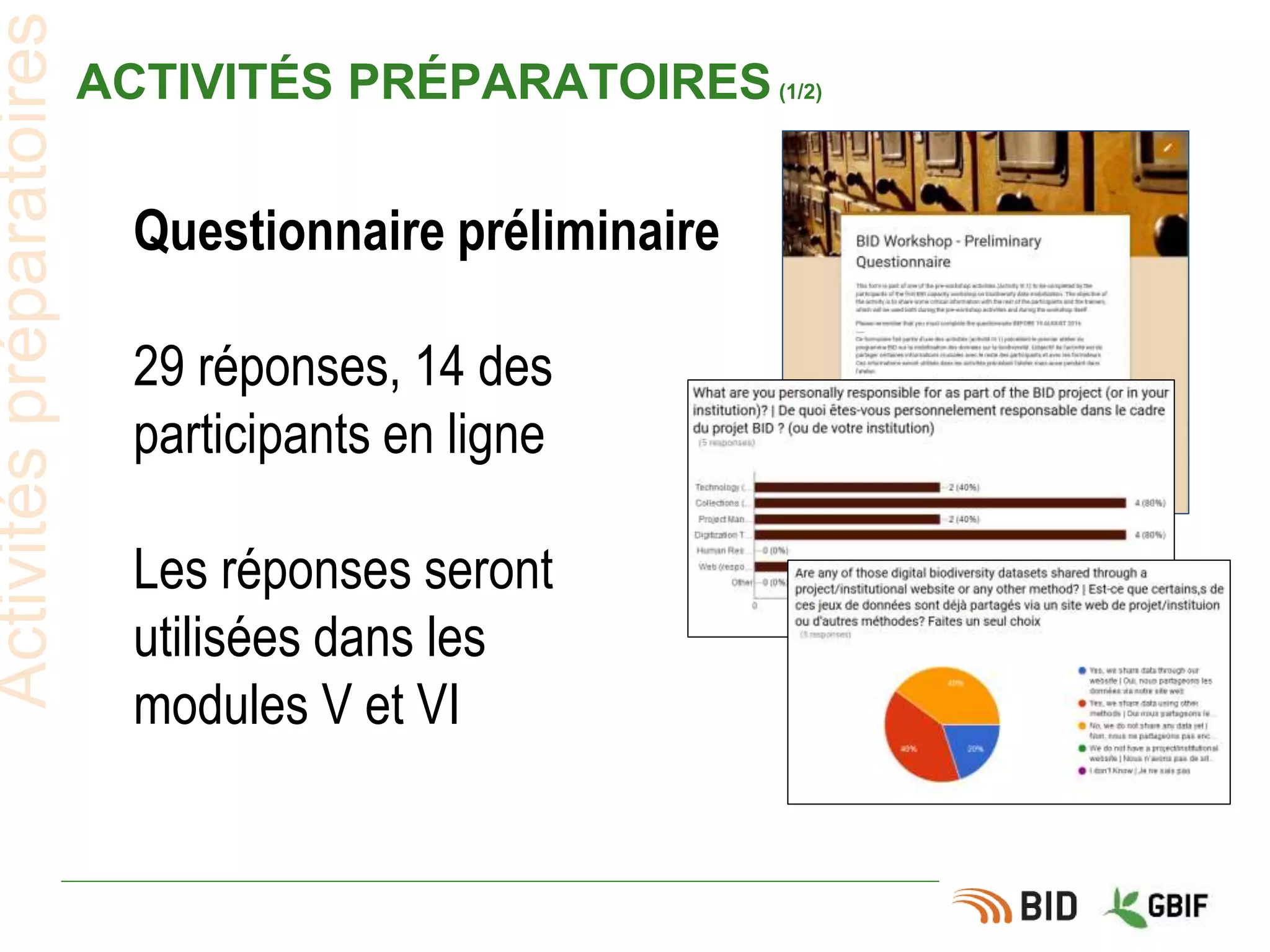 ACTIVITÉS PRÉPARATOIRES(1/2)
Questionnaire préliminaire
29 réponses, 14 des
participants en ligne
Les réponses seront
utilisées dans les
modules V et VI
Activitéspréparatoires
 
