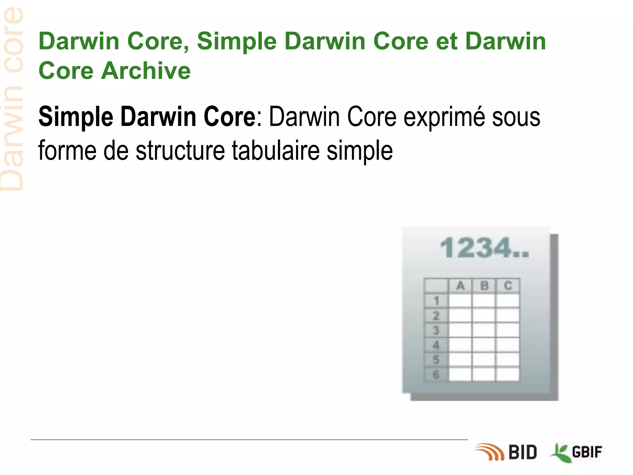 Darwin Core, Simple Darwin Core et Darwin
Core Archive
Simple Darwin Core: Darwin Core exprimé sous
forme de structure tabulaire simple
Darwincore
 