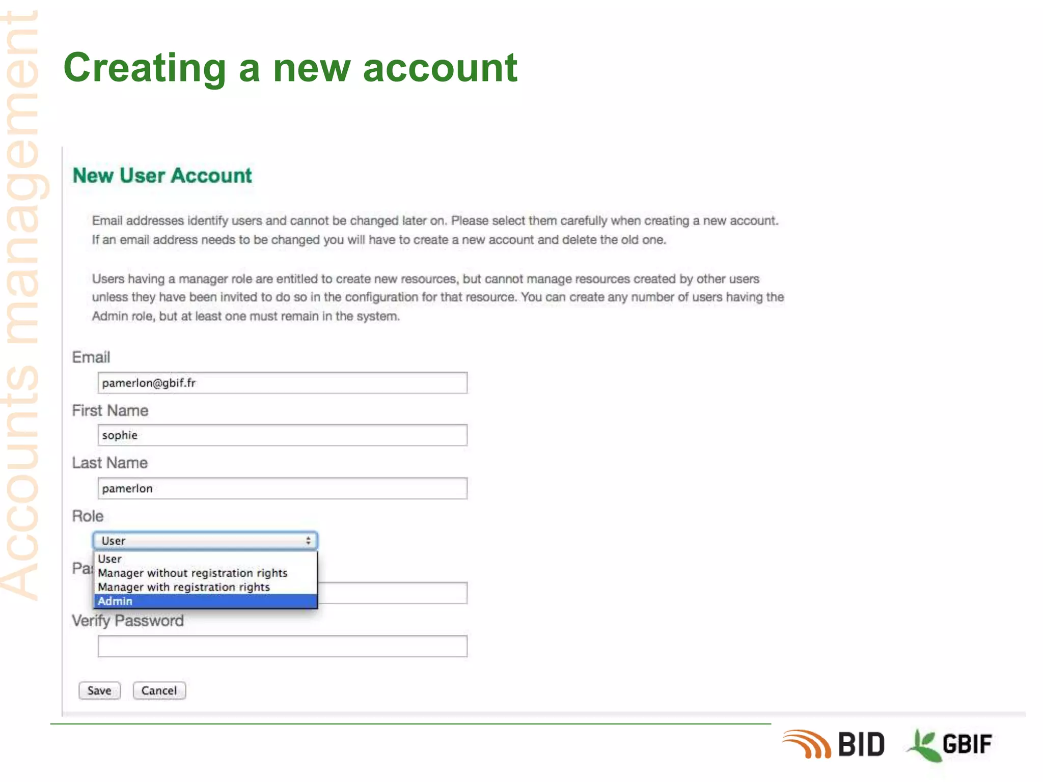 Creating a new account
Accountsmanagement
 