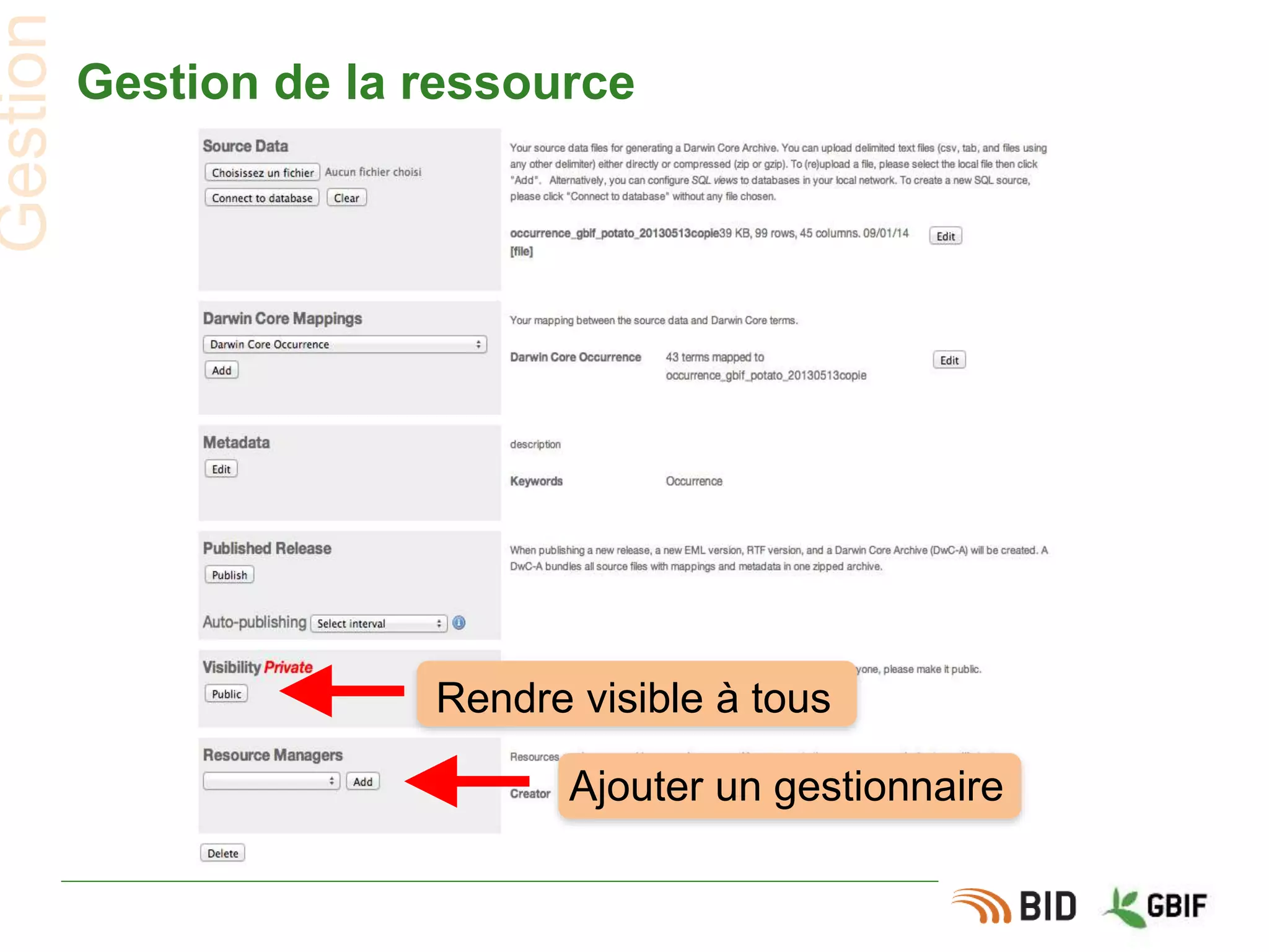 Ajouter un gestionnaire
Rendre visible à tous
Gestion de la ressource
Gestion
 