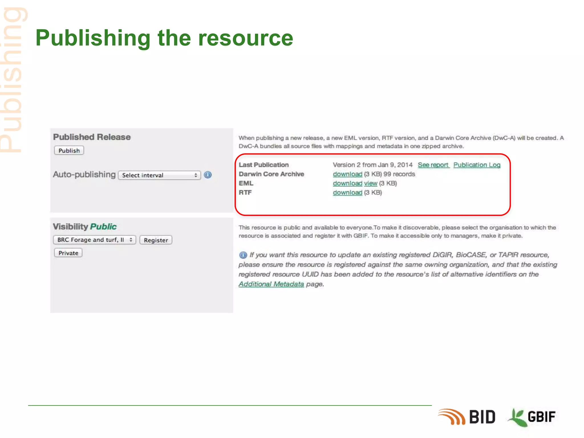 Publishing the resource
Publishing
 