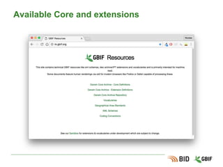 Content
●Cores and extensions
●Anatomy of a Darwin Core Archive
●Data Papers
●DOIs and citations
●Data filtering and translation
●Connecting to a database
●IPT Administration
 