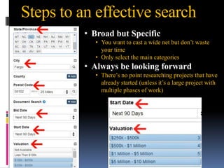 Steps to an effective search
• Broad but Specific
• You want to cast a wide net but don’t waste
your time
• Only select the main categories
• Always be looking forward
• There’s no point researching projects that have
already started (unless it’s a large project with
multiple phases of work)
 