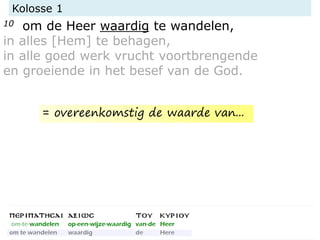 Kolosse 1
10 om de Heer waardig te wandelen,
in alles [Hem] te behagen,
in alle goed werk vrucht voortbrengende
en groeiende in het besef van de God.
= overeenkomstig de waarde van...
 