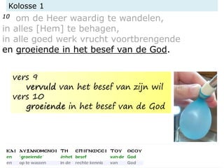 Kolosse 1
10 om de Heer waardig te wandelen,
in alles [Hem] te behagen,
in alle goed werk vrucht voortbrengende
en groeiende in het besef van de God.
vers 9
vervuld van het besef van zijn wil
vers 10
groeiende in het besef van de God
 