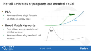 #SMX #11B @sdey
•  PLA	
•  Revenue	follows	a	logit	function		
•  EGR	follows	a	crazy	slope	
	
•  Broad	Match	Keywords	
•  Cost	follows	an	exponential	trend	
with	bid	increase	
•  Revenue	follows	a	log	trend	with	bid	
increase	
	
	
Not all keywords or programs are created equal
	
	
	
 