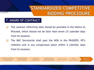 7. AWARD OF CONTRACT
 The contract effectivity date should be provided in the Notice to
Proceed, which should not be later than seven (7) calendar days
from its issuance.
 The BAC Secretariat shall post the NOA in the PhilGEPS, PE’s
websites and in any conspicuous place within 3 calendar days
from its issuance.
Pre-Procurement
Conference
Advertisement
and Posting
Pre-Bid
Conference
Receipt and
Opening of Bids
Bid Evaluation
Post-
Qualification
Award of
Contract
 