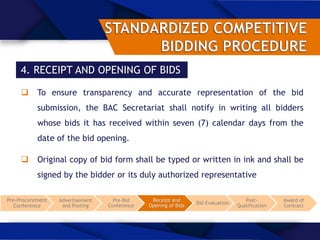 4. RECEIPT AND OPENING OF BIDS
 To ensure transparency and accurate representation of the bid
submission, the BAC Secretariat shall notify in writing all bidders
whose bids it has received within seven (7) calendar days from the
date of the bid opening.
 Original copy of bid form shall be typed or written in ink and shall be
signed by the bidder or its duly authorized representative
Pre-Procurement
Conference
Advertisement
and Posting
Pre-Bid
Conference
Receipt and
Opening of Bids
Bid Evaluation
Post-
Qualification
Award of
Contract
 