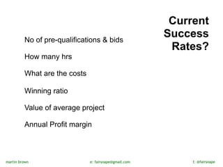 Current  
         No of pre-qualifications & bids
                                                        Success  
         
                                               Rates?
         How many hrs
         
         What are the costs
               
         Winning ratio
         
         Value of average project
         
         Annual Profit margin



martin brown                   e: fairsnape@gmail.com         t: @fairsnape
 
