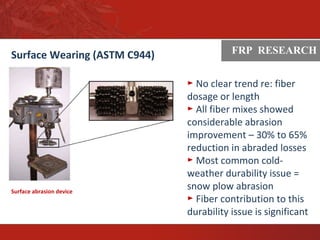 ASTM
Surface Wearing (ASTM C944)
Surface abrasion device
FRP RESEARCH
► No clear trend re: fiber
dosage or length
► All fiber mixes showed
considerable abrasion
improvement – 30% to 65%
reduction in abraded losses
► Most common cold-
weather durability issue =
snow plow abrasion
► Fiber contribution to this
durability issue is significant
 