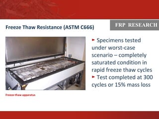 ASTM
Freeze Thaw Resistance (ASTM C666)
Freeze-thaw apparatus
FRP RESEARCH
► Specimens tested
under worst-case
scenario – completely
saturated condition in
rapid freeze thaw cycles
► Test completed at 300
cycles or 15% mass loss
 