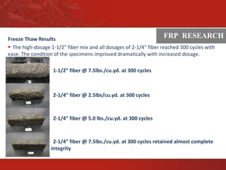 ASTM
Freeze Thaw Results
► The high-dosage 1-1/2” fiber mix and all dosages of 2-1/4” fiber reached 300 cycles with
ease. The condition of the specimens improved dramatically with increased dosage.
1-1/2” fiber @ 7.5lbs./cu.yd. at 300 cycles
2-1/4” fiber @ 2.5lbs/cu.yd. at 300 cycles
2-1/4” fiber @ 5.0 lbs./cu.yd. at 300 cycles
2-1/4” fiber @ 7.5lbs./cu.yd. at 300 cycles retained almost complete
integrity
FRP RESEARCH
 