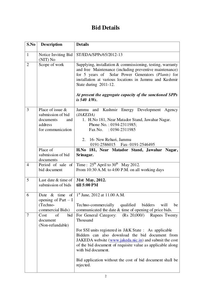 Bid document for Solar Plant at J&amp;K