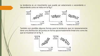 La tendencia es un movimiento que puede ser estacionario o ascendente o
descendente como se indica en la fig.3
También son posibles algunas formas para la tendencia, que no necesariamente
tiene una distribución de puntos en forma aproximadamente lineal sino como las
que se muestran en la fig. 4
 