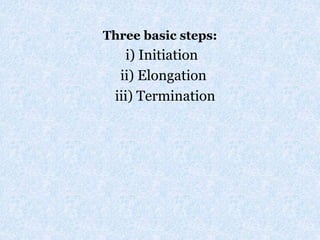 Three basic steps:
i) Initiation
ii) Elongation
iii) Termination
 