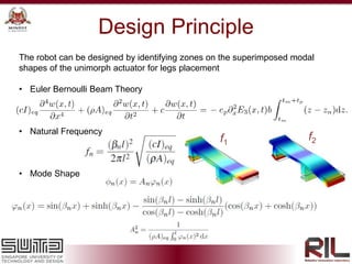Design Principle
The robot can be designed by identifying zones on the superimposed modal
shapes of the unimorph actuator for legs placement
• Euler Bernoulli Beam Theory
• Natural Frequency
• Mode Shape
f1
f2
 