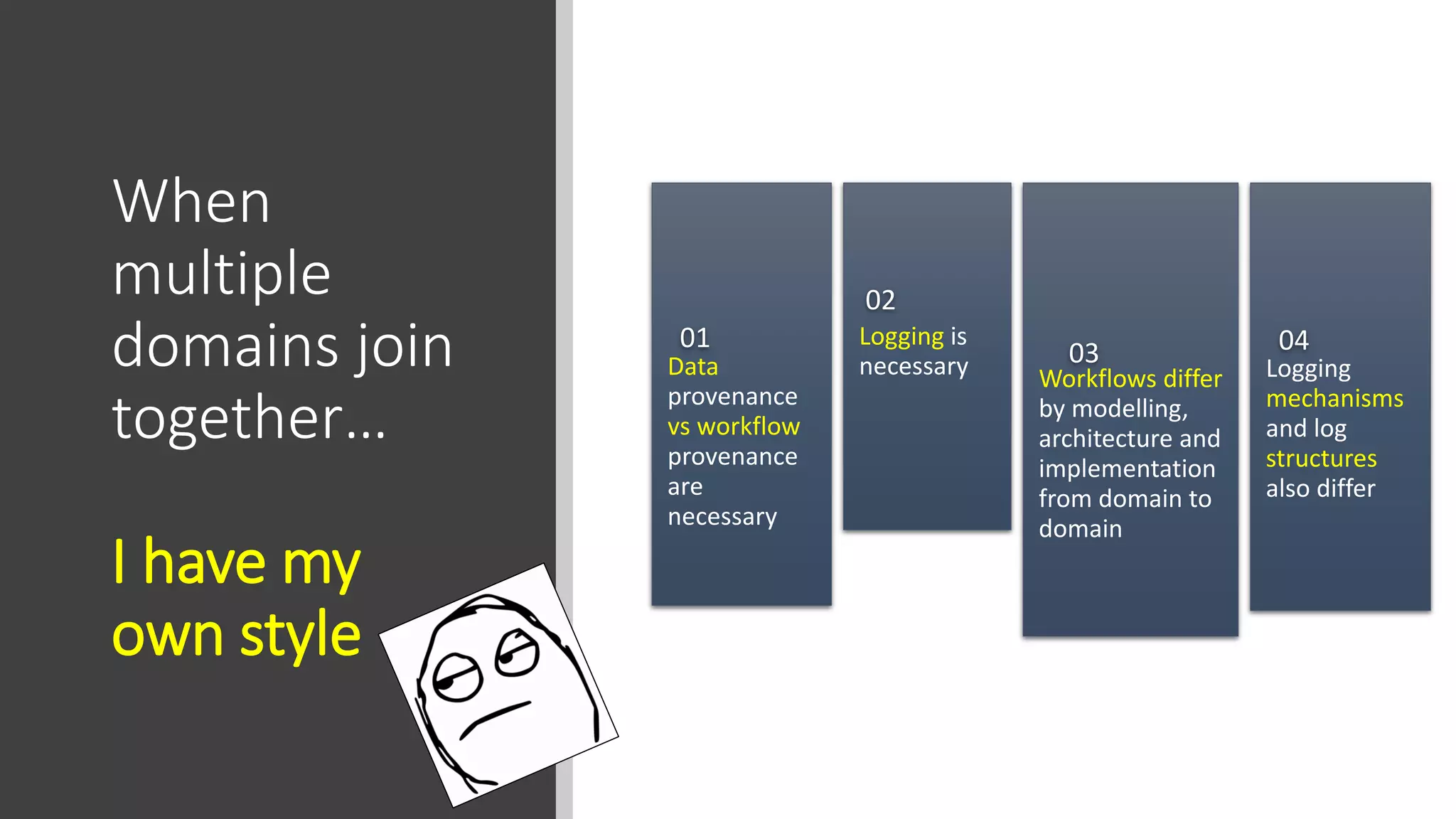 When
multiple
domains join
together…
I have my
own style
Data
provenance
vs workflow
provenance
are
necessary
01 Logging is
necessary
02
Workflows differ
by modelling,
architecture and
implementation
from domain to
domain
03 Logging
mechanisms
and log
structures
also differ
04
 